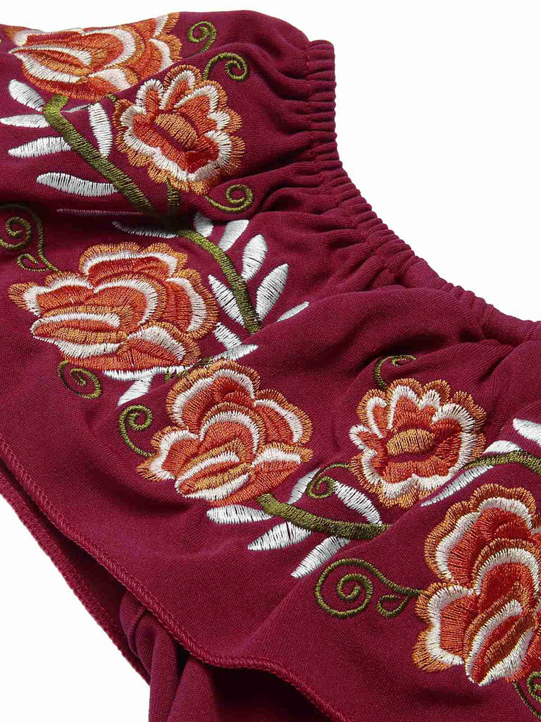 Deep Red 1960s Off-Shoulder Embroidered Dress