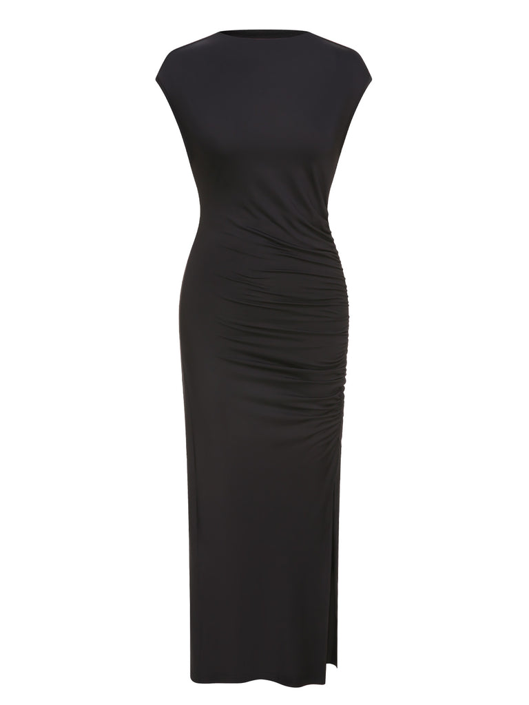 Black 1960s Solid High Slit Dress