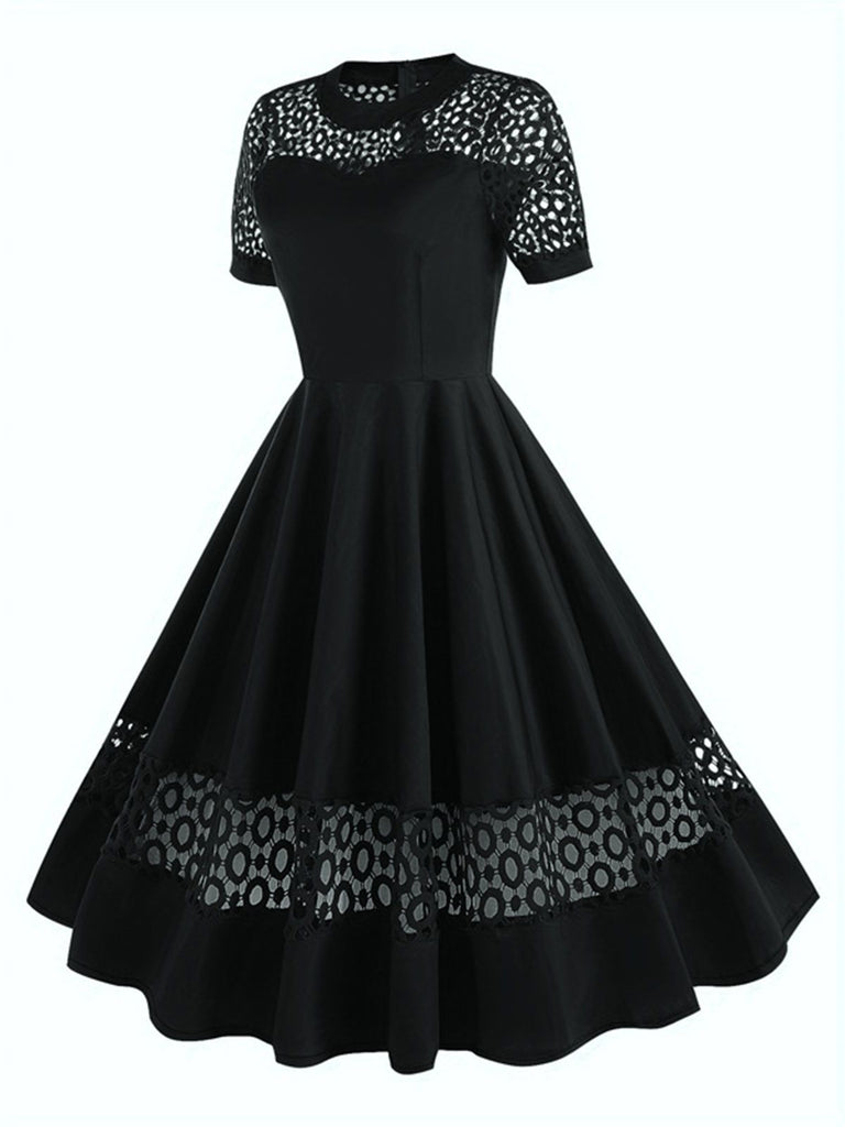 1950s Round Neck Hollow Solid Dress