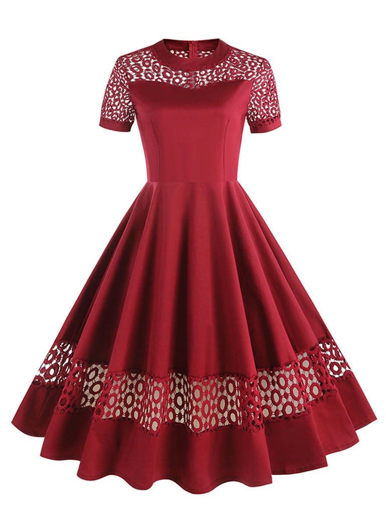 1950s Round Neck Hollow Solid Dress