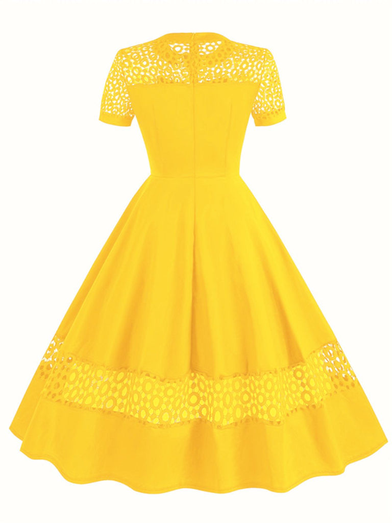 1950s Round Neck Hollow Solid Dress