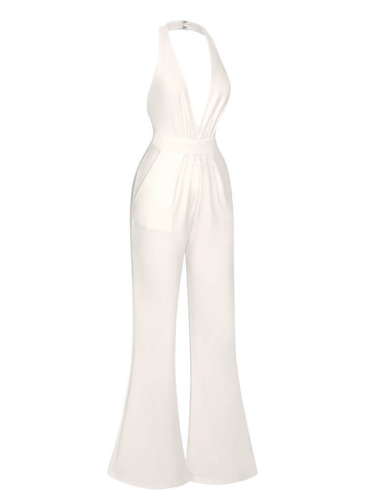 1930s Solid Deep V-Neck Halter Jumpsuit