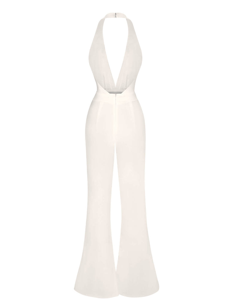 1930s Solid Deep V-Neck Halter Jumpsuit