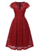 Wine Red 1940s Solid Lace Cap Sleeve Dress