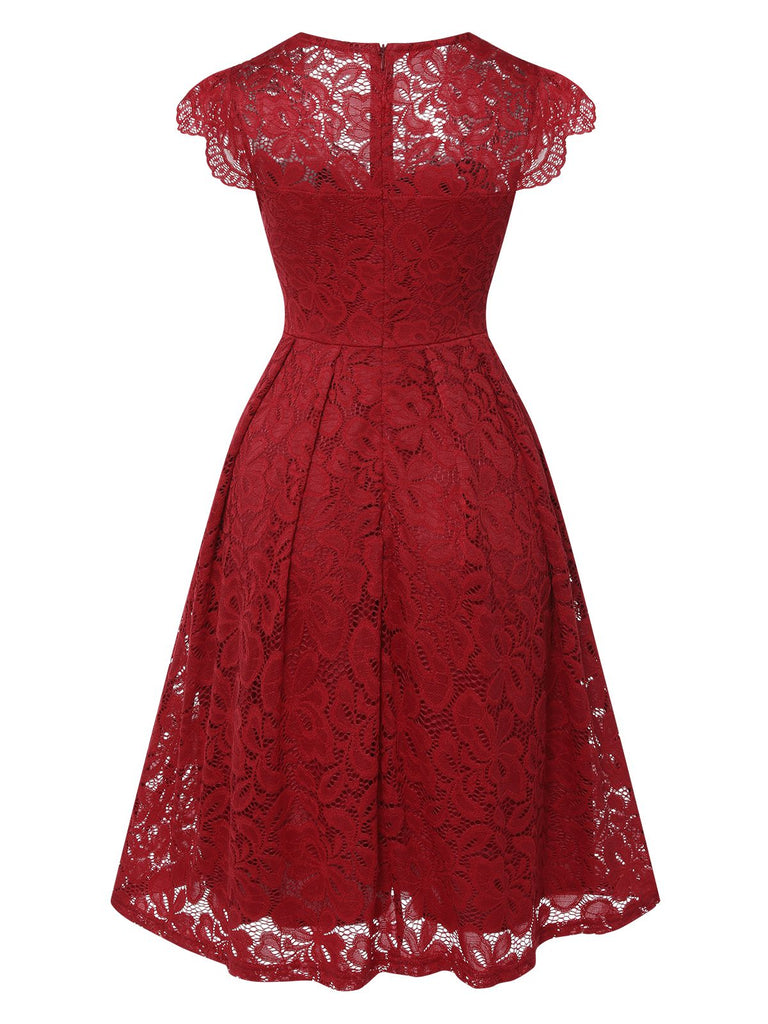 Wine Red 1940s Solid Lace Cap Sleeve Dress