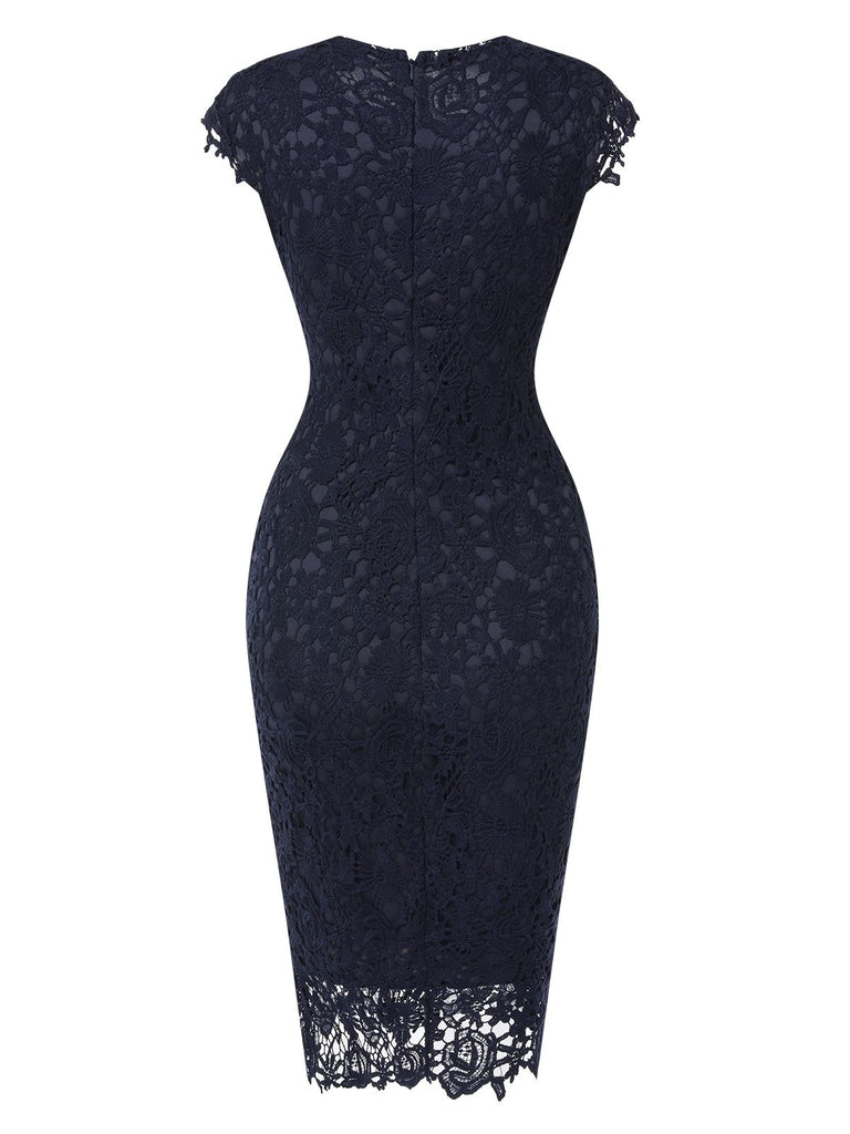 Dark Blue 1960s Solid Lace Dress