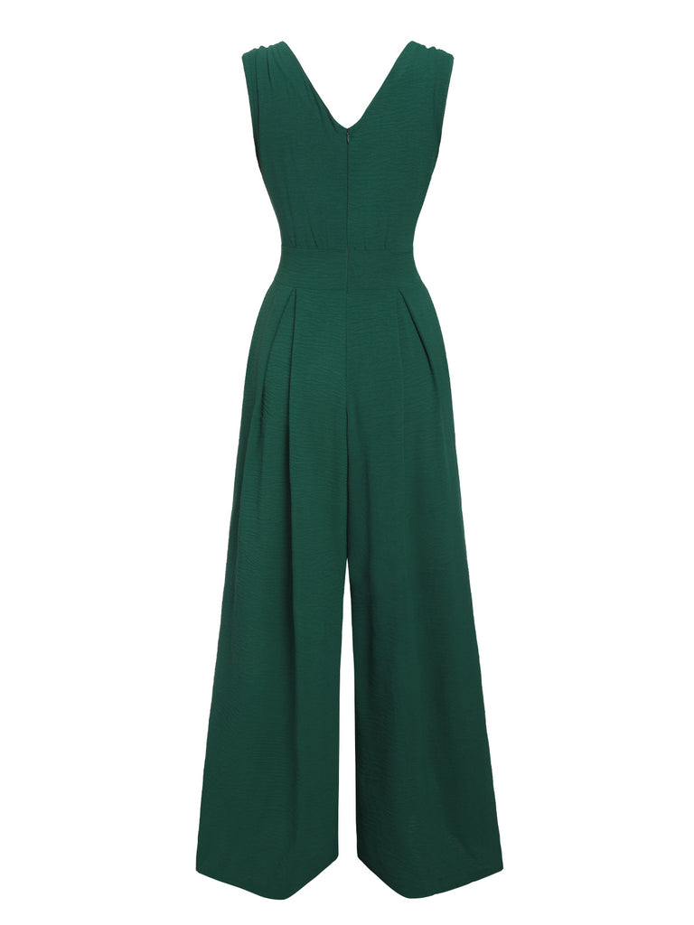 Green 1940s Solid V-Neck Wide-Leg Jumpsuit