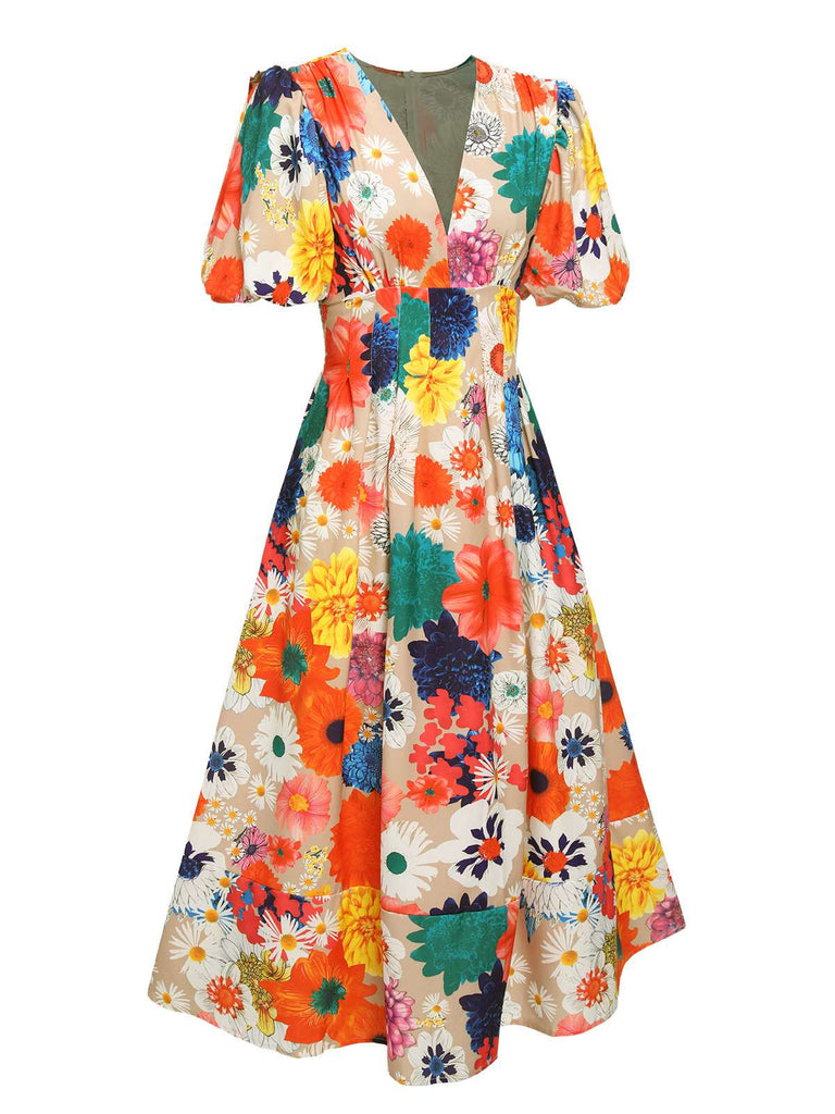 1940s Floral V-Neck Lantern Sleeve Dress