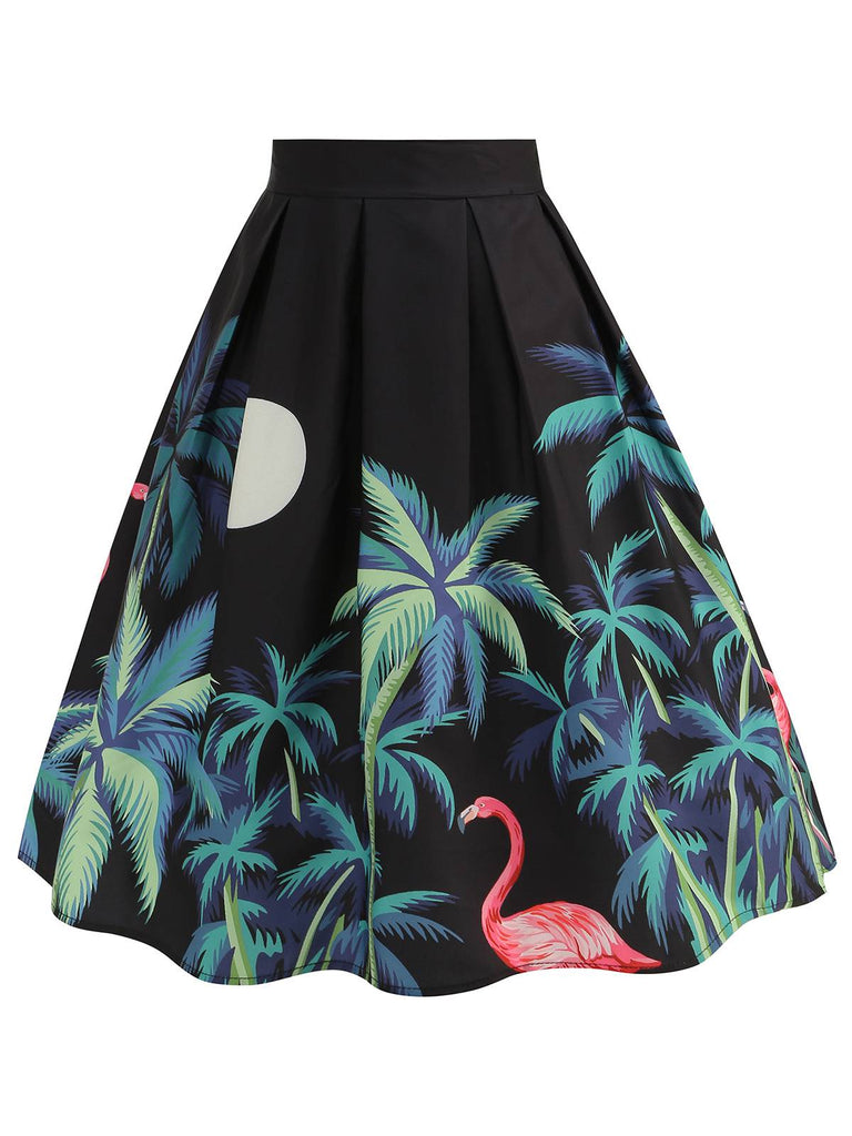 Black 1950s Coconut Trees Flamingo Swing Skirt