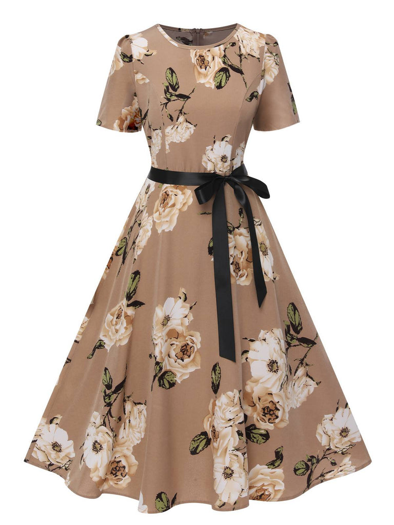 1950s Floral Bow Short Sleeve Swing Dress