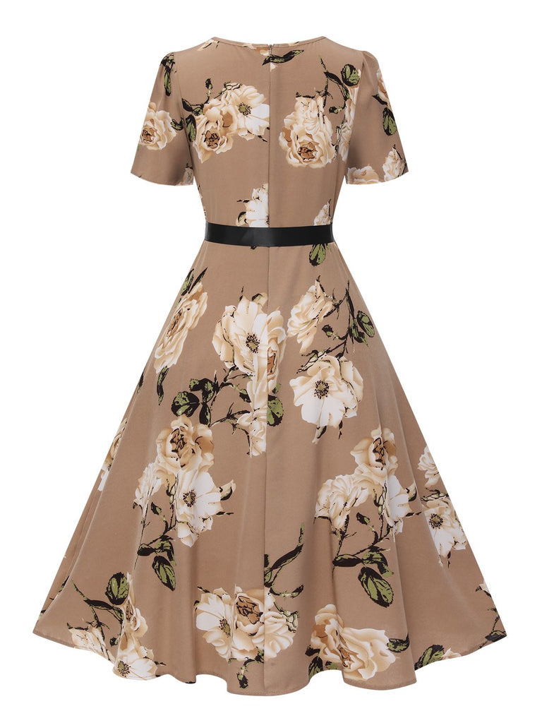 1950s Floral Bow Short Sleeve Swing Dress