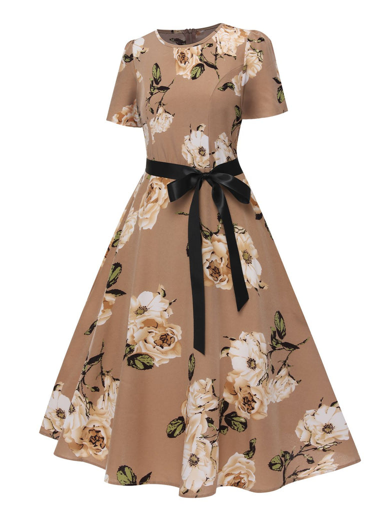 1950s Floral Bow Short Sleeve Swing Dress