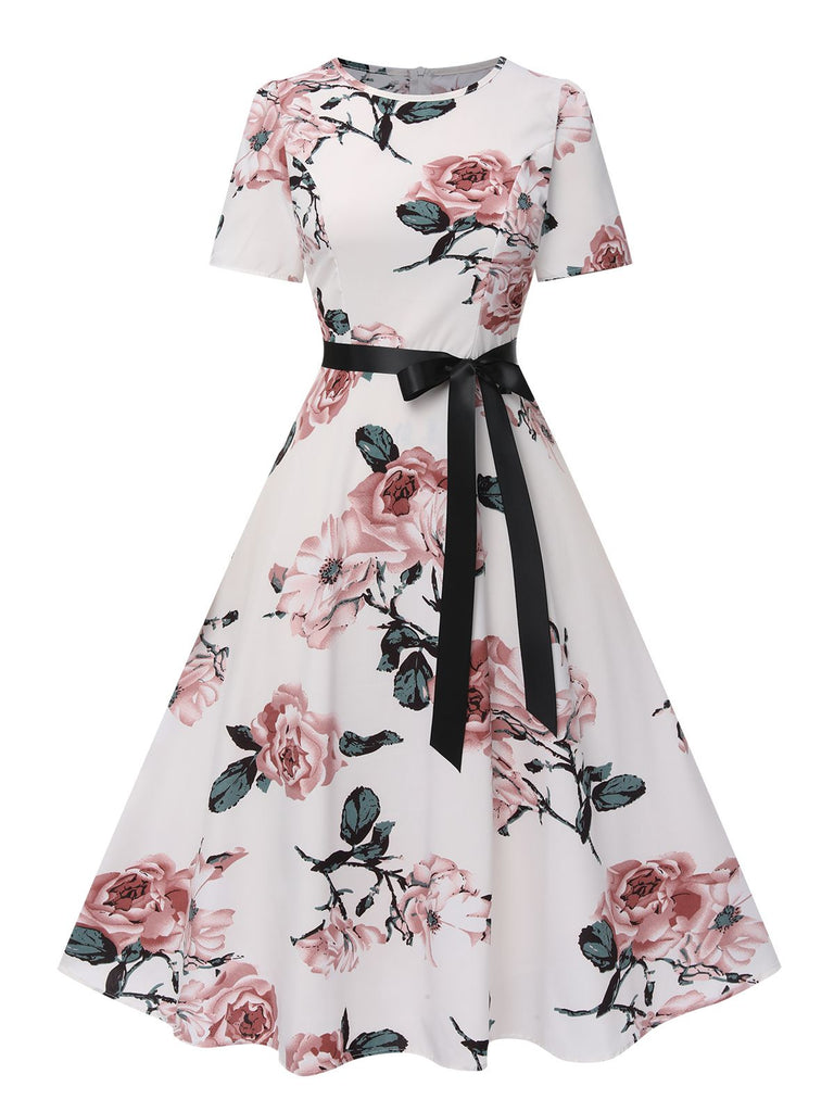 1950s Floral Bow Short Sleeve Swing Dress