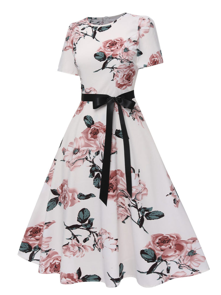 1950s Floral Bow Short Sleeve Swing Dress