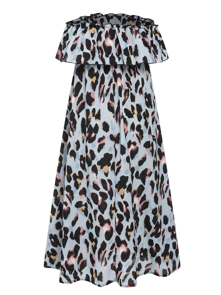 1950s Strapless Leopard Colorblock Ruffles Dress