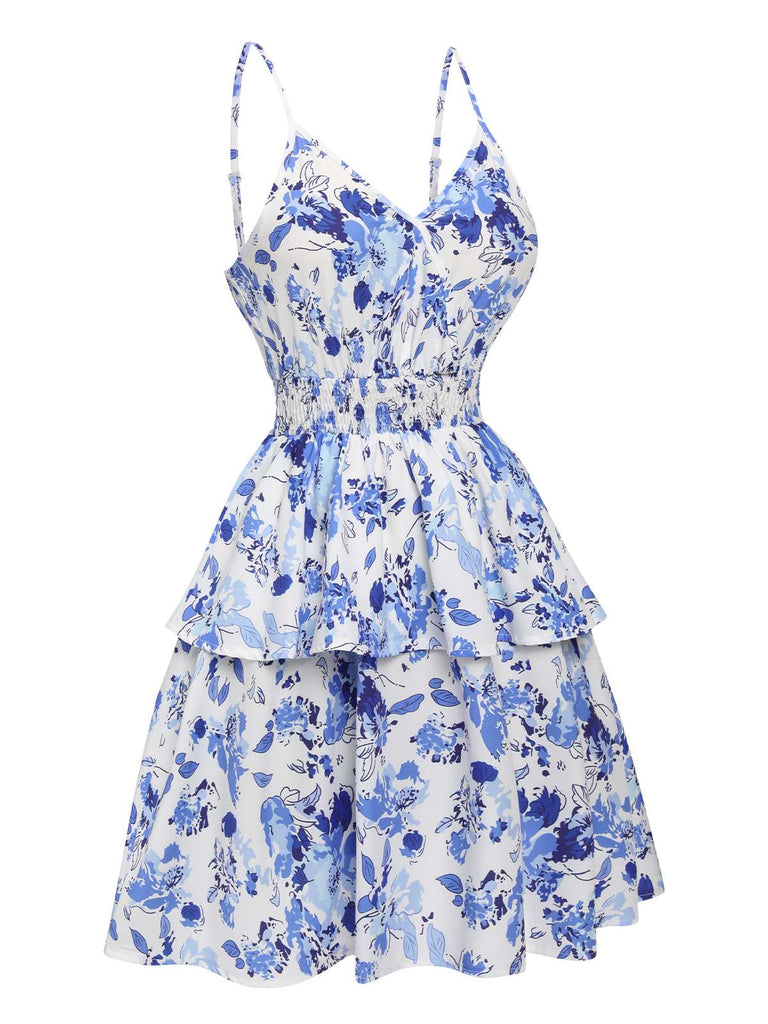 Blue 1950s Spaghetti Straps Flowers Dress