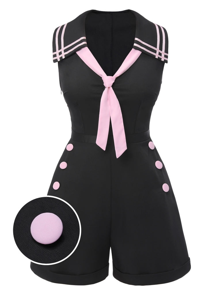 [Pre-Sale] Black & Pink 1950s Solid Tie Lapel Romper