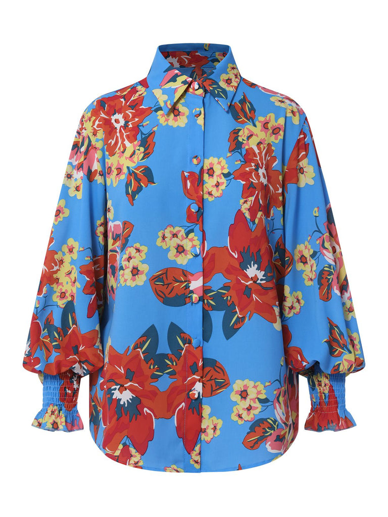 Blue 1950s Contrast Floral Bishop Sleeve Blouse