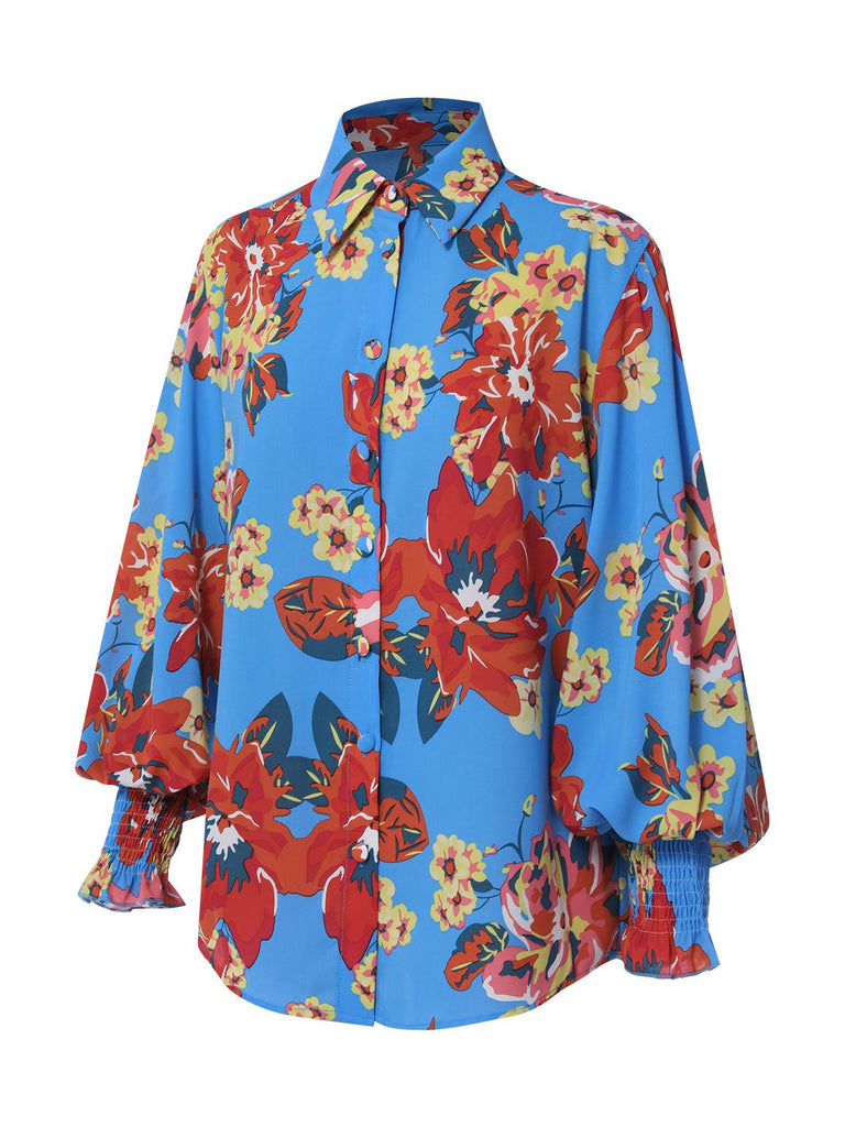 Blue 1970s Contrast Floral Bishop Sleeve Blouse