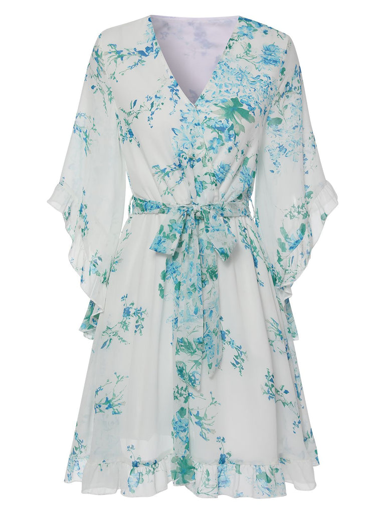 White 1960s Floral Chiffon V-Neck Dress