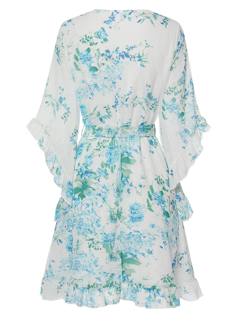 White 1960s Floral Chiffon V-Neck Dress