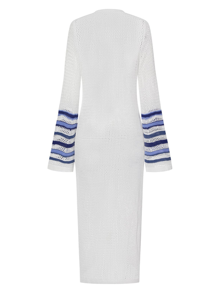 White 1950s Blue Stripes Crochet Cover-Up