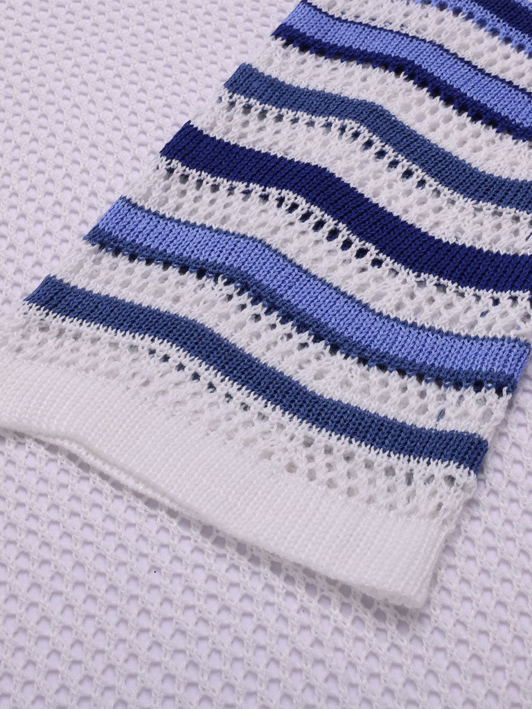 White 1950s Blue Stripes Crochet Cover-Up