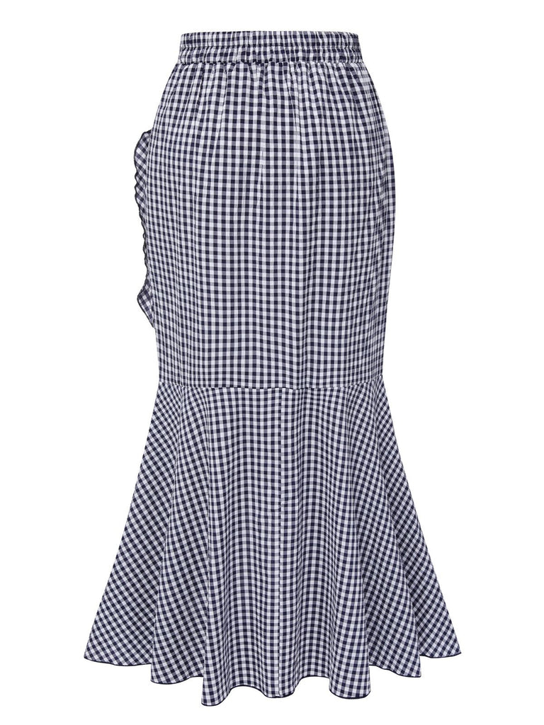 Blue 1930s Plaid Fishtail Skirt