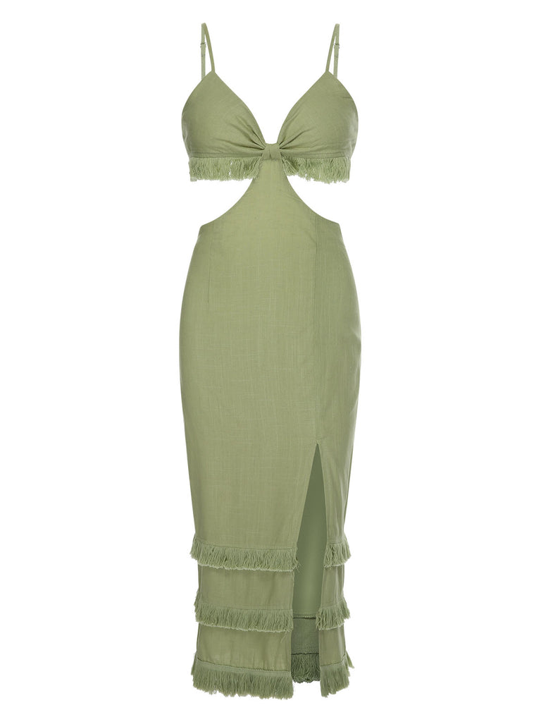 Green 1960s Solid Tassel Hem Suspender Dress