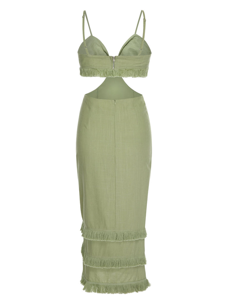 Green 1960s Solid Tassel Hem Suspender Dress