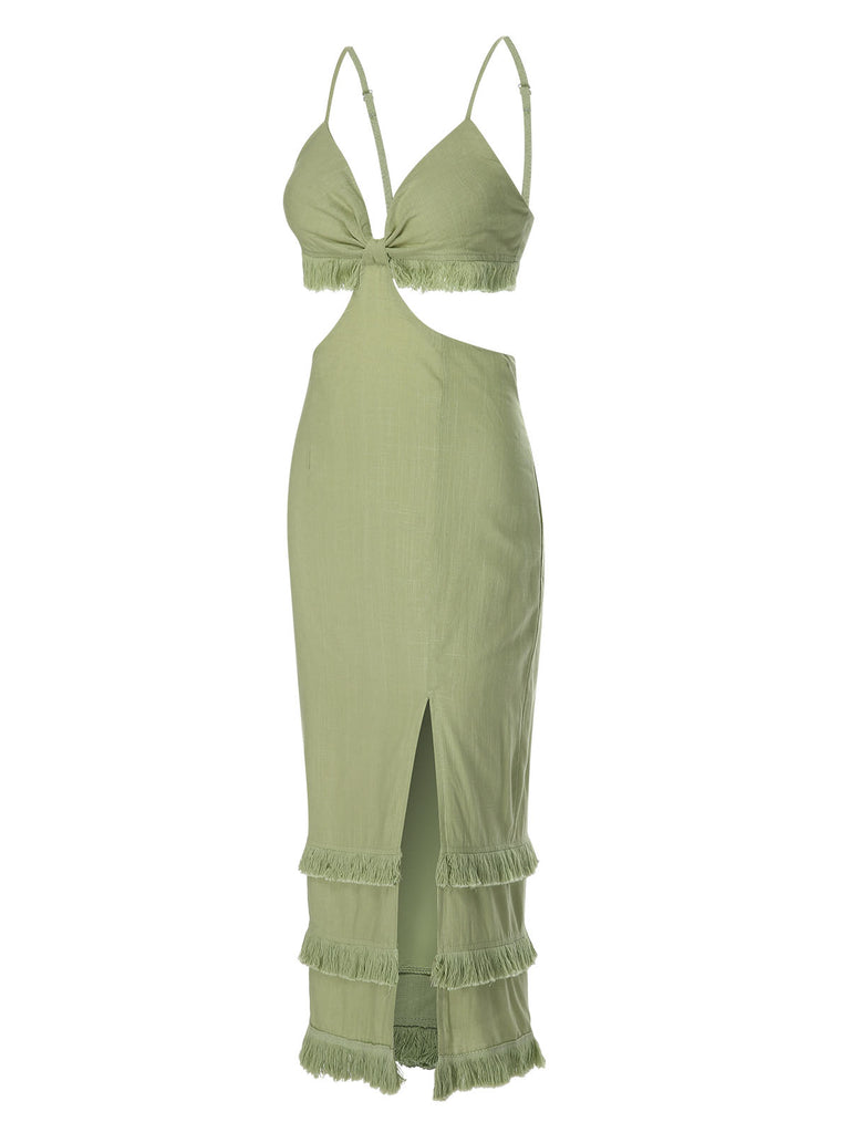 Green 1960s Solid Tassel Hem Suspender Dress