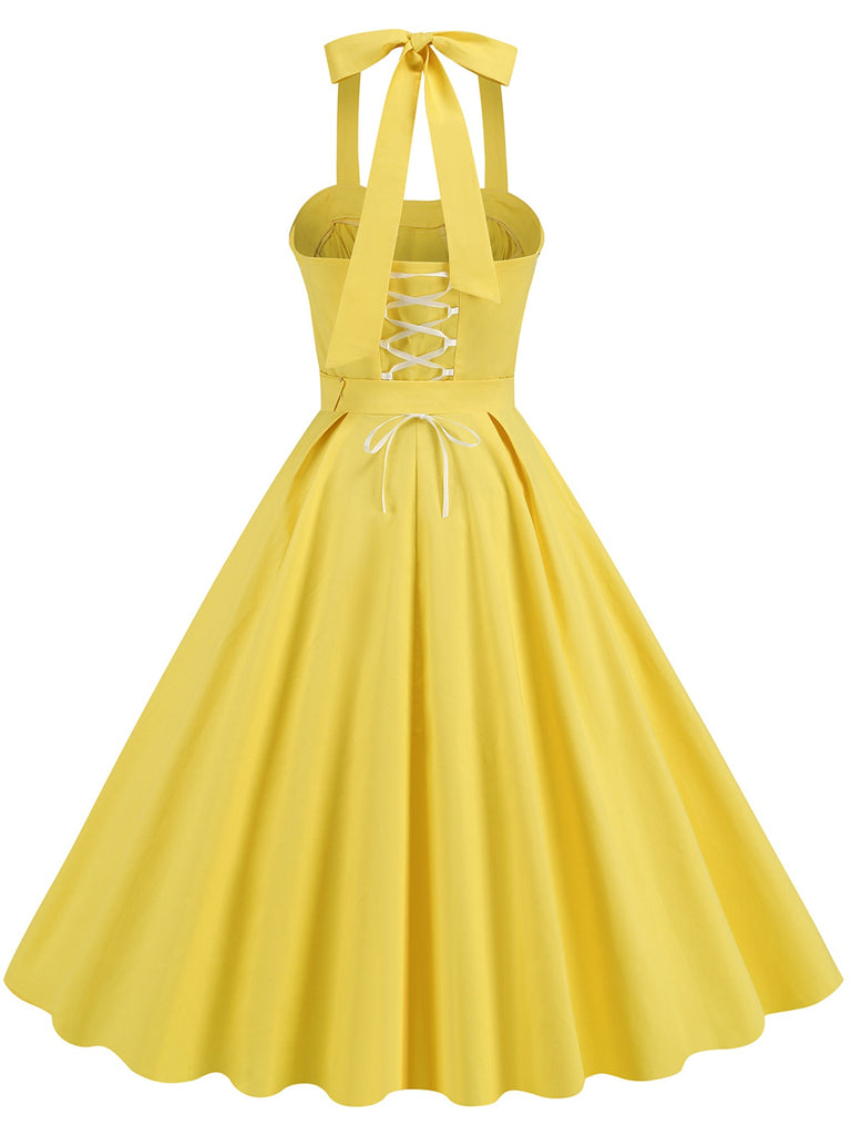 Yellow 1950s Solid Halter Belted Dress