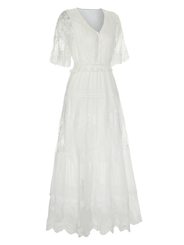 White 1940s Flare Sleeve Lace Dress