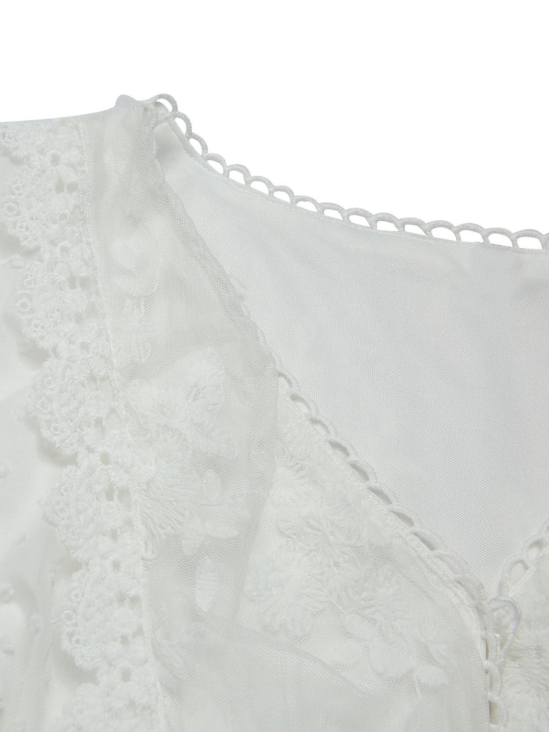White 1940s Flare Sleeve Lace Dress