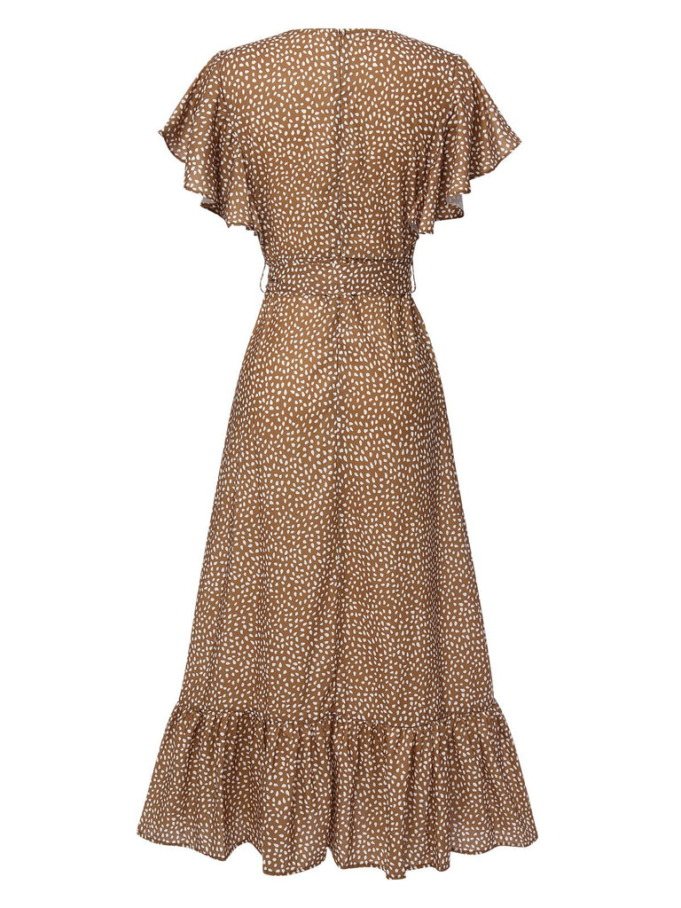 Camel Color 1940s Polka Dots Ruffles Dress