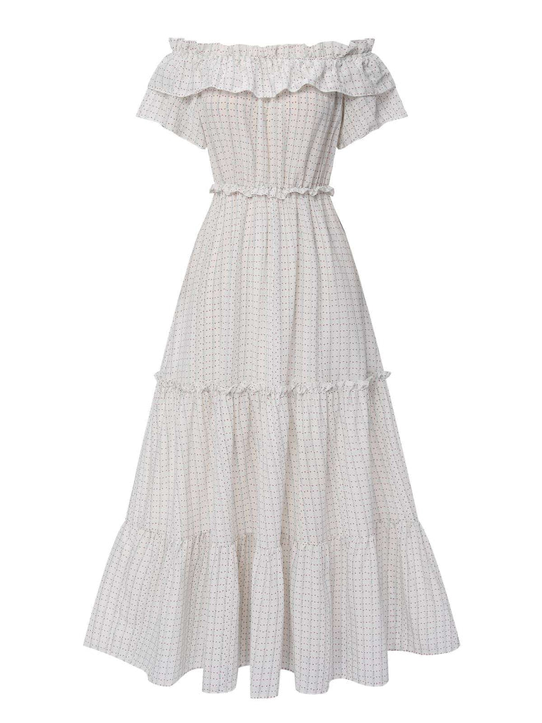 White 1940s Off-Shoulder  Ditsy Floral Dress