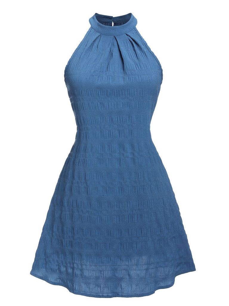 Royal Blue 1950s Halter Wrinkles Dress