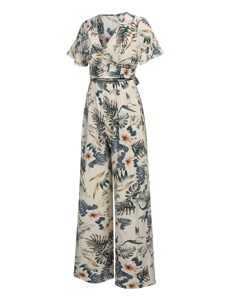 2PCS 1930s V-Neck Floral Wrap Top & Wide-Leg Jumpsuit