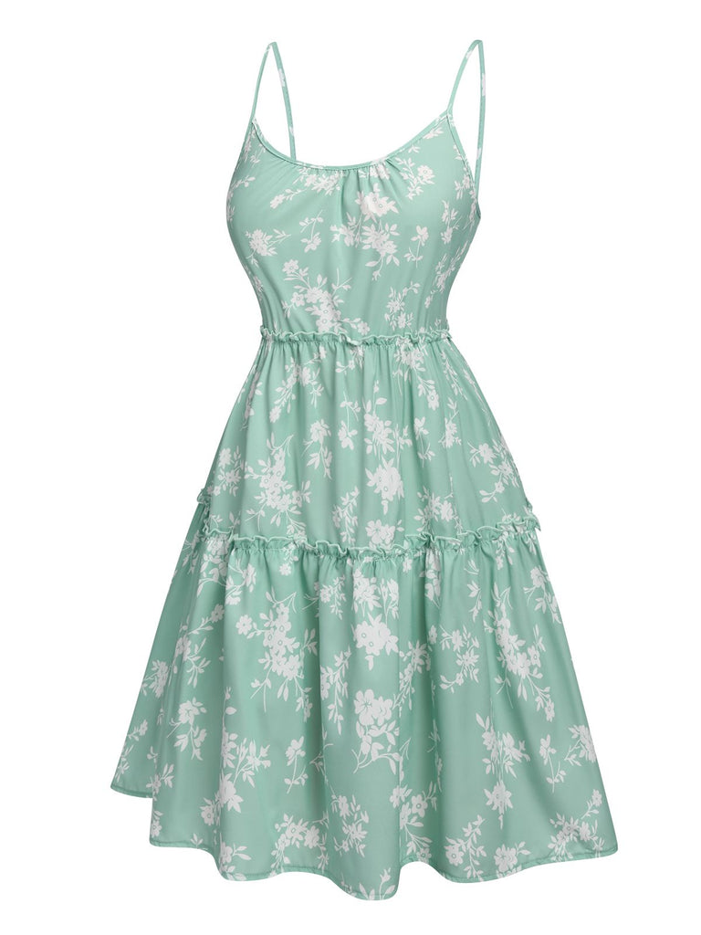 Green 1960s Floral Wrinkle Suspender Dress