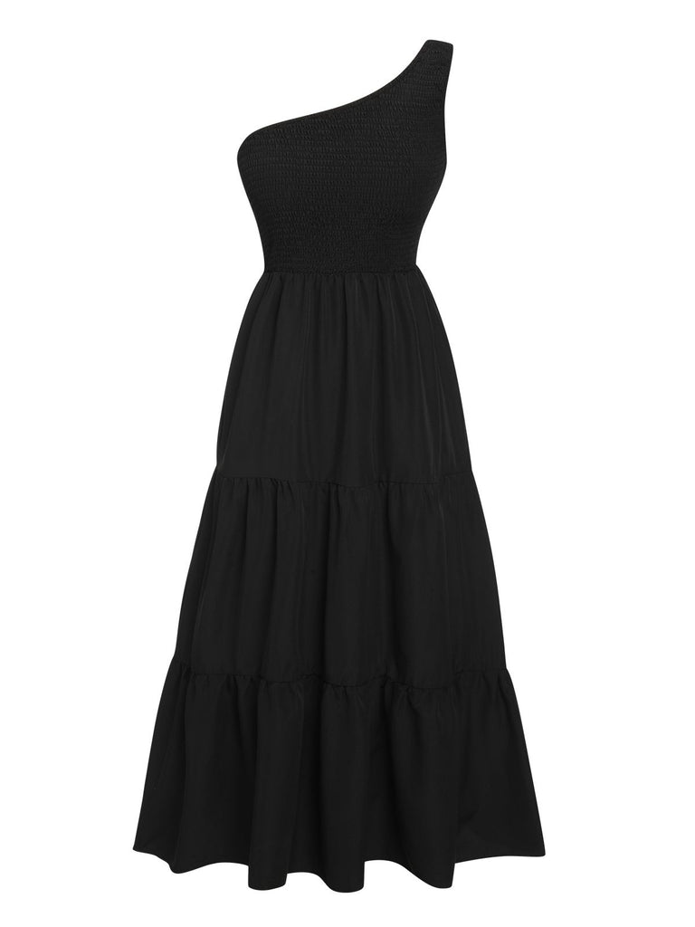 Black 1940s Solid One Shoulder Wrinkle Dress