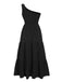 Black 1940s Solid One Shoulder Wrinkle Dress