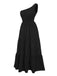 Black 1940s Solid One Shoulder Wrinkle Dress