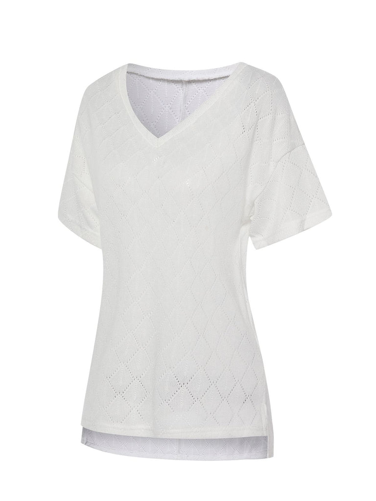 White 1930s V-Neck Solid Top