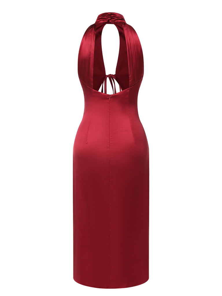 Wine Red 1970s Solid Hollow Satin Dress