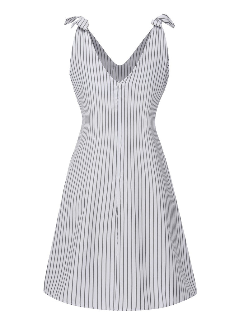 White 1950s Shoulder Tie V-Neck Stripe Dress