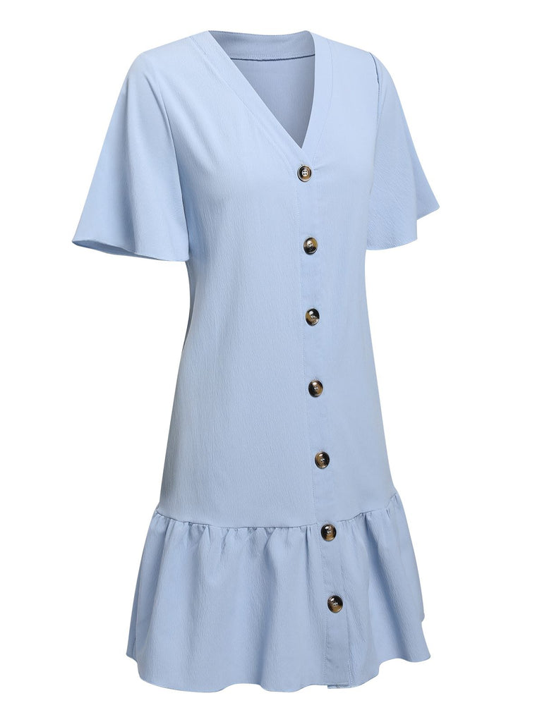 Light Blue 1950s V-Neck Ruffle Hem Dress