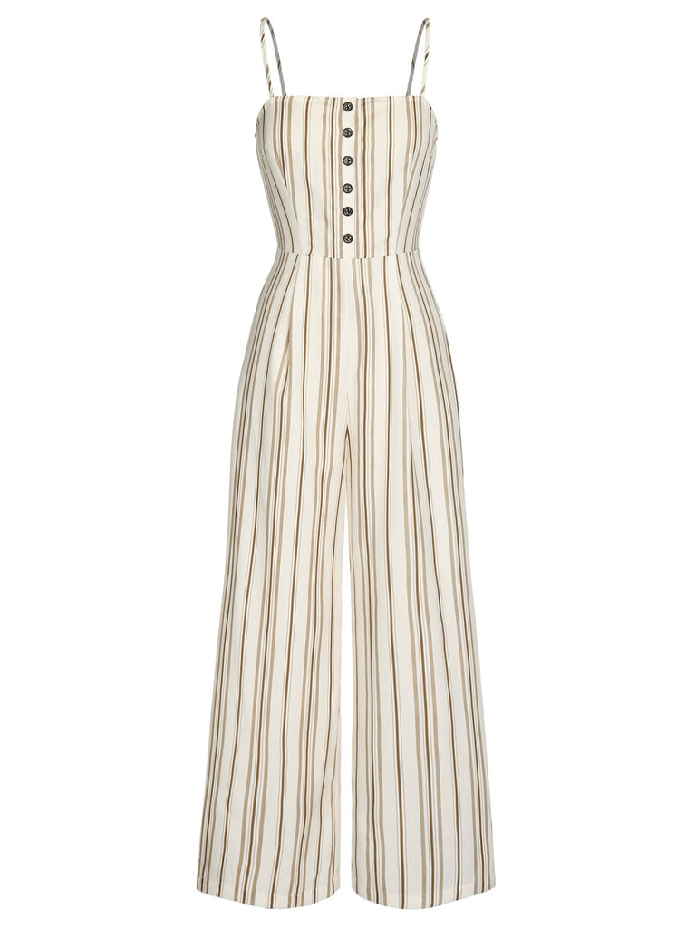 Brown 1930s Stripes Spaghetti Straps Jumpsuit