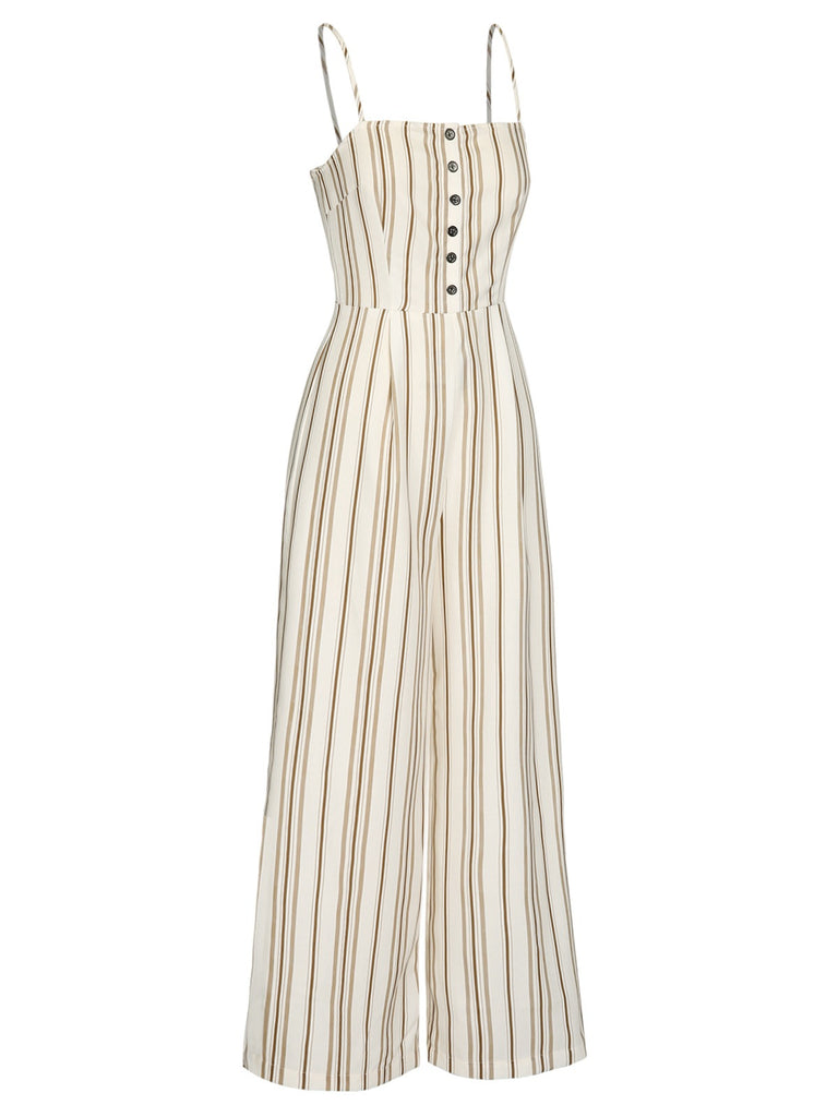 Brown 1930s Stripes Spaghetti Straps Jumpsuit