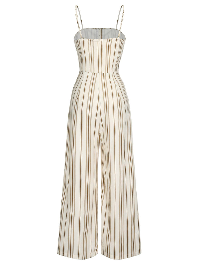 Brown 1930s Stripes Spaghetti Straps Jumpsuit