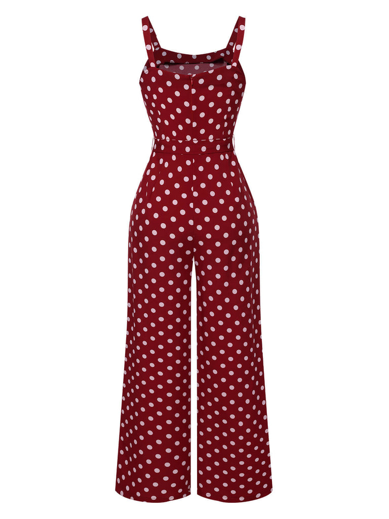 Deep Red 1940s Polka Dot Straps Jumpsuit